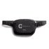 A black bum bag with a logo featured prominently, featuring an adjustable strap.