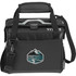 A black lunch cooler featuring a grey handle and shoulder strap, with a logo on the front.