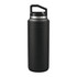 A drink bottle with a sleek black design and a handle, featuring a silver band near the top.