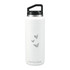 A drink bottle in white with a black lid and handle, featuring butterfly designs and a logo.