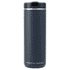 A drink bottle in navy blue with a stainless steel lid and a logo. Designed for thermal retention.