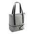 A grey cooler bag with black straps and a zip closure, designed for transporting drinks.