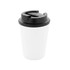 A drink bottle featuring a white body and black lid, with a logo on the side.