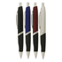 A collection of four metal pens in black, blue, red, and silver, featuring a rubber grip and a logo.