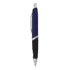 A metal pen with a blue and black design, featuring a rubber grip and a chrome clip, alongside branding.
