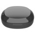 A black charging case for earbuds with a smooth surface and a compact shape. It features a logo on the front.