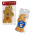 Two gingerbread man cookies, one decorated with red and blue buttons, the other with a festive "Merry Christmas" label.
