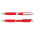 A red plastic pen with silver accents, featuring a sleek design and a clip for attachment.