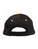 A black suede peak cap with yellow stitching details and a rear adjustable strap. It features a logo.