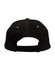 A black suede peak cap featuring green eyelets and an adjustable strap at the back. It has a logo.