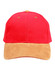 A red cap with a suede tan peak and round ventilation holes, featuring a logo on the front.