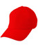A red fitted structured cap made from mesh fabric, featuring a curved brim and a branding logo.