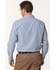 A back view of a men's long sleeve shirt in light blue, featuring a collar and buttoned cuffs. It has a logo.