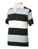 A short sleeve rugby top featuring black, white, and light blue stripes, with a collar and a logo.