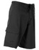 Men's black surf shorts made from 100% polyester with a peach finish, featuring a cargo pocket and drawstring waist.
