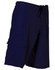 Men's surf shorts in navy blue, made from 100% polyester with a peach finish, featuring a side pocket and drawstring.