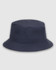 A navy blue bucket hat featuring ventilation holes and a simple design, with a logo present on the exterior.