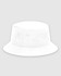 A white bucket hat with a wide brim and two ventilation eyelets. It features a logo on the side.