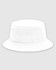 A white bucket hat with a wide brim and a subtle logo on the side. Ideal for headwear categories.