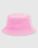 A pink bucket hat featuring a soft fabric and a logo. Ideal for headwear collection.