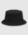A black bucket hat featuring a wide brim and a logo on the side. Suitable for casual wear.