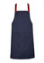 A navy blue apron with red straps and a front pocket, featuring a small logo on the side.