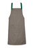 A khaki apron with green bib straps and a front pocket, featuring a logo on the straps.