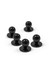 A set of five black chef jacket buttons arranged on a white background, featuring a glossy finish.