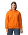 An orange hooded sweatshirt with a front pocket and drawstring hood, worn by a model. Features a logo.
