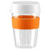 A drink bottle with a clear body, white lid, and orange silicone band, holding 360ml. It features a branding logo.