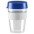 A drink bottle made of clear plastic with a blue lid and a white silicone band, holding 360ml.