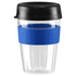A drink bottle featuring a clear body, a black lid, and a blue silicone band. It has a logo on the surface.
