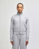 A grey full-zip jacket with a stand collar, featuring a fitted design and long sleeves. Contains a logo.