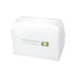 A white toiletry bag with a zip closure and a small logo. Features a rectangular shape and smooth texture.