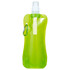 A drink bottle in bright green, featuring a flexible design and a carabiner clip for easy attachment.