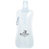 A drink bottle in a transparent design with a screw cap, featuring a carabiner and a logo.