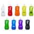 A drink bottle collection featuring various colours: white, red, orange, green, yellow, and black, with logos on some.