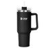 A drink bottle featuring a black design with a clear lid and straw, alongside a sturdy handle. It has a logo.