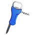 A drink bottle opener multi-tool in blue, featuring a bottle opener, corkscrew, and small knife. It has a logo.
