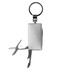 A silver multi-tool keyring featuring scissors and additional tools, attached to a keyring.
