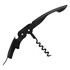 A black wine waiters knife with a corkscrew, lever, and knife blade. Features a simple design and a logo.