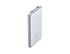 A silver power bank with two USB ports and LED indicators, featuring a logo on the side.