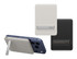 A slim power bank in beige and black, featuring a stand and branding, designed for wireless charging.