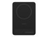 A black slim power bank with a circular charging surface and a branding logo on it.