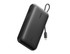 A black power bank with an integrated cable and display, featuring a logo and a compact design.