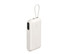 A white power bank with an integrated cable and display, featuring a loop for easy carrying and a logo.