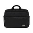A black laptop bag with dual handles and a front zipper pocket, featuring a logo.