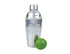 A stainless steel cocktail shaker with a polished finish, accompanied by a green lime.