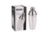 A stainless steel cocktail shaker with a shiny finish, presented alongside its packaging.