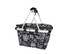 A black and white floral insulated carry basket with a lid and silver handles. It has a branded logo.